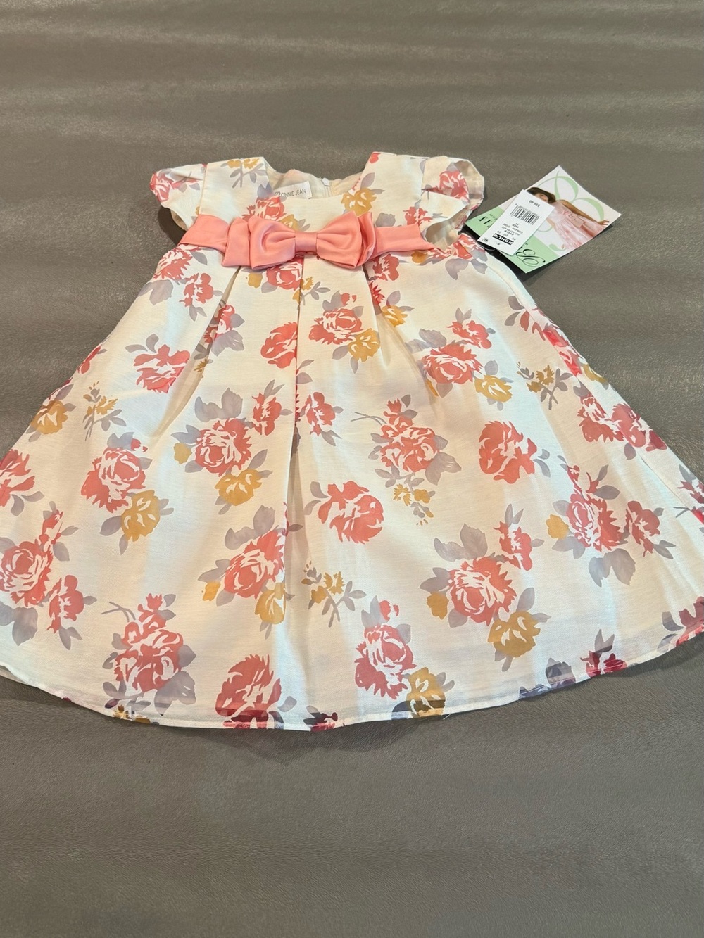 Bonnie Jean White Floral Dress with Coral Bow and Yellow Accents. Size 3